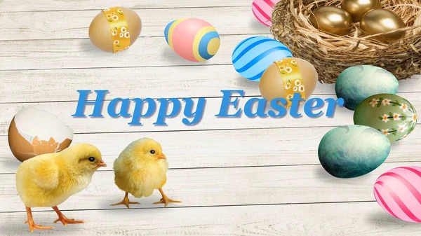 Schöner Text Frohe Ostern Blau Auf Dem Hintergrund Von Bildern — Stockfoto