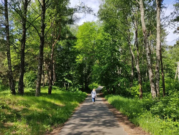 Жінка на прогулянці в лісовому парку ходить по шляху — стокове фото