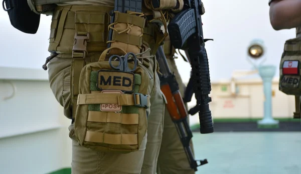 OPEN SEA / ON BOARD A TANKER / INDIAN OCEAN - FEBRUARY 16, 2015. Armed Piracy Security Team on board of ship — Stock Photo, Image