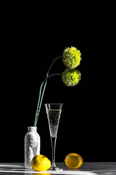 Sklenice Víno Šampaňským Váza Cibulí Citróny Černobílém Pozadí — Stock fotografie