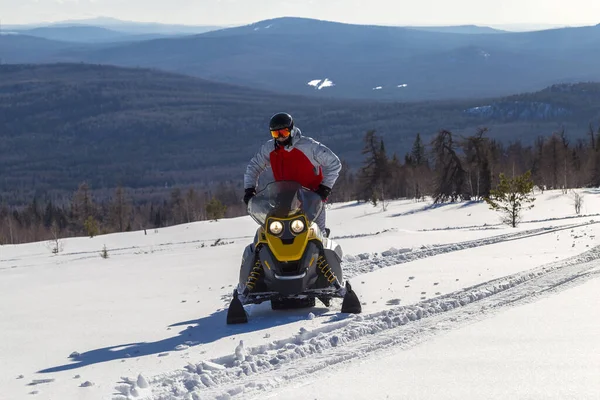 Αθλητής Ένα Snowmobile Κινείται Στο Δάσος Του Χειμώνα Στα Βουνά — Φωτογραφία Αρχείου
