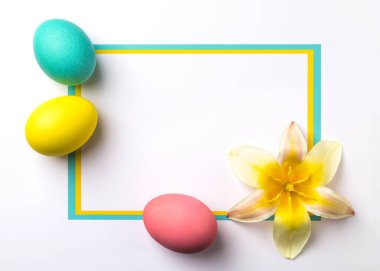 Fotokopi alanı olan beyaz bir arkaplanda paskalya yumurtaları.