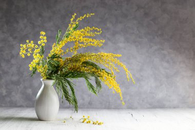 Fotokopi alanı olan bir vazoda Mimosa buketi.