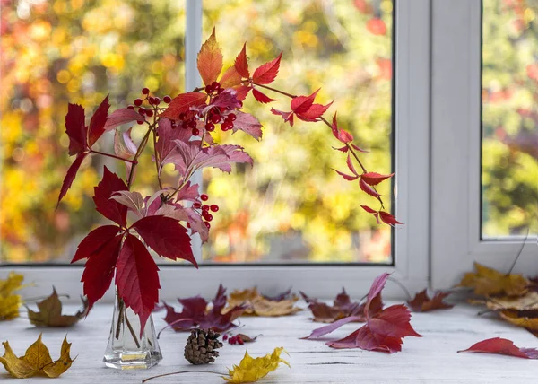 Bukiet Autumn Listowie Drewnianym Parapecie — Zdjęcie stockowe