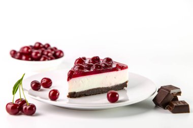 Beyaz bir masada bir tabak kirazlı cheesecake..
