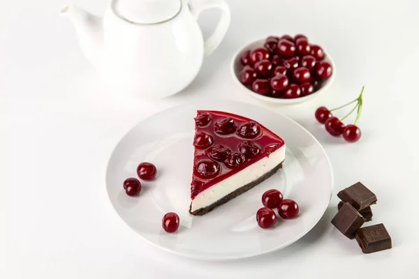 Piece Cherry Cheesecake Plate White Table — Stock Photo, Image