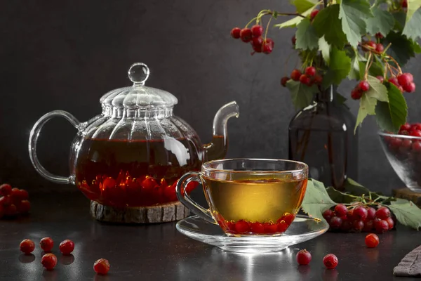 Hot tea with hawthorn in a transparent cup and a teapot with tea on a dark background.