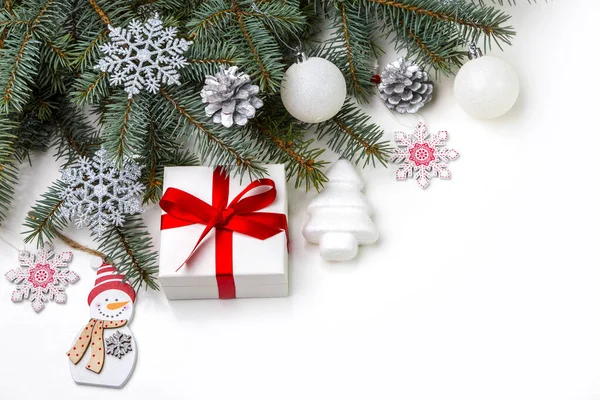 Christmas Decorations Gift Box Lying White Background Copy Space — Stock Photo, Image