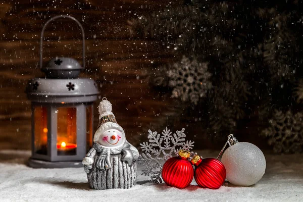 Tarjeta Navidad Con Muñeco Nieve Decoraciones Navideñas Copiar Espacio —  Fotos de Stock