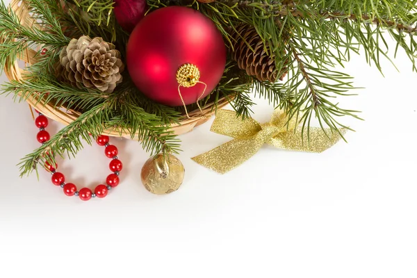 Spruce branches with Christmas decorations. — Stock Photo, Image