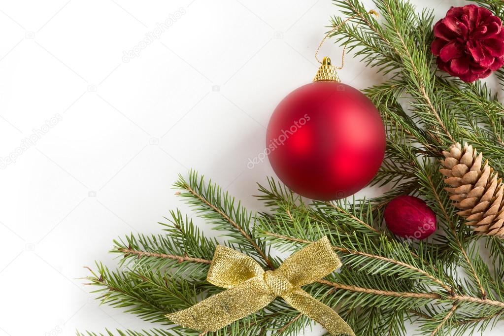 Spruce branches with Christmas decorations.