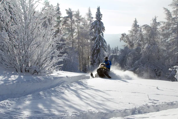 Atleta em uma moto de neve — Fotografia de Stock