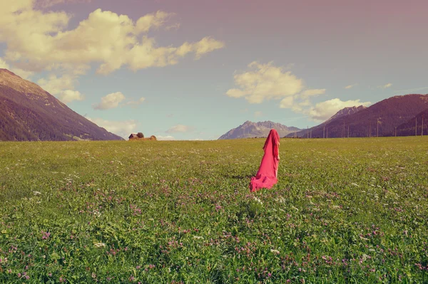 Naked female in a red scarf in a field — Stock Photo, Image