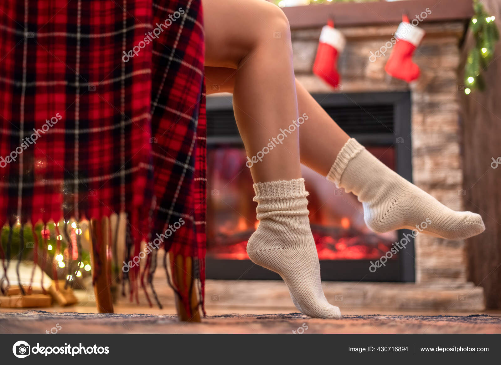 Bottom View Woman Legs Knitted Winter Socks Sitting Armchair