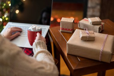 Noel zamanı. Hırkalı bir kadın, şöminenin yanındaki masada oturup hediye almak için dizüstü bilgisayar ve bir fincan kakao ve marşmelovla Noel ağacı kullanıyor. Kavram