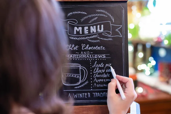 Dessin Femme Menu Noël Barre Cacao Sur Petit Tableau — Photo