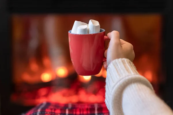 Woman Cup Hot Cocoa Marshmallow Warming Legs Winter White Socks — Stock Photo, Image