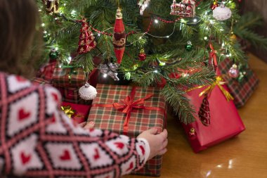 Hediye kutusunu Noel ağacının altına koyan kadın. Aile için hediyeler. 