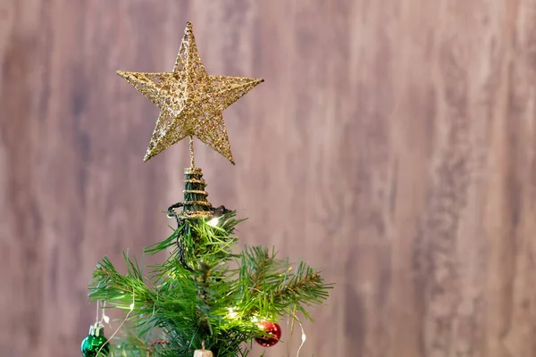 Decorating Top Christmas Tree Star Home Cropped Close — Stock Photo, Image