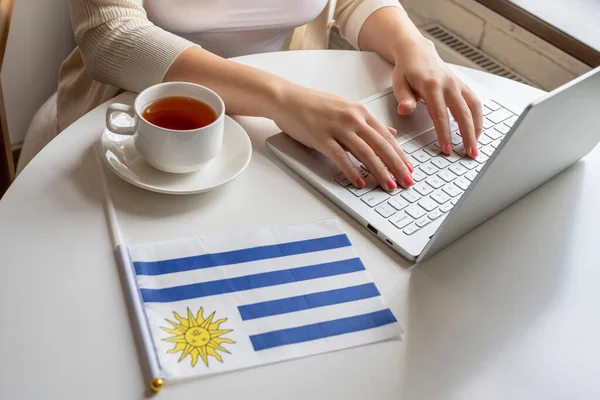 Lonely Woman Freelancer Flag Uruguay Enjoying Having Breakfast Cup Coffee — Stock Photo, Image