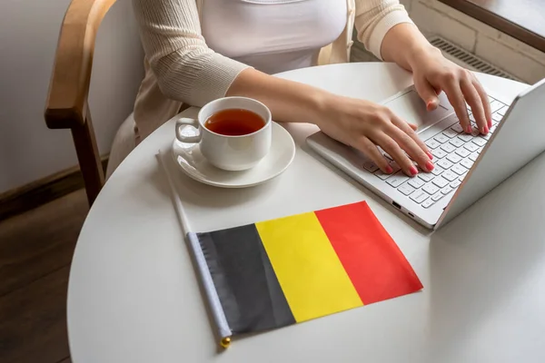 Lonely Woman Freelancer Flag Belgium Enjoying Having Breakfast Cup Coffee — Stock Photo, Image