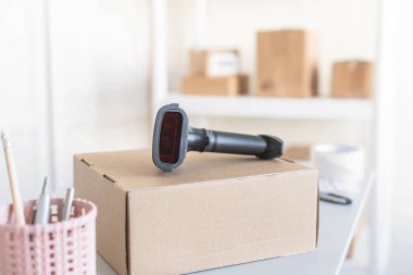 Postanenin kadın çalışanı. Müşteri gönderdiğini onaylamak için barkod tarayıcısı kullanıyor. Ev teslimat servisi.