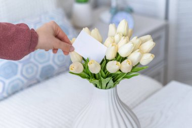 Beyaz lale buketinden boş tebrik kartı çeken bir kadın. Sevgililer Günü. Uzayı kopyala Model