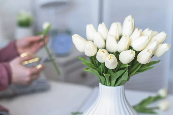 Vágott Kép Női Virágárus Vágás Tulipán Virágok Üzembe Váza Nappaliban — Stock Fotó