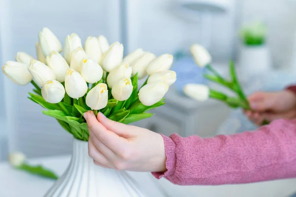 Egy Fehér Tulipánokat Tesz Vázába Nappali Dohányzóasztalánál Ülve Szerkesztő Csokor — Stock Fotó