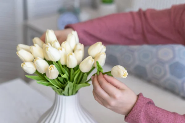 Egy Fehér Tulipánokat Tesz Vázába Nappali Dohányzóasztalánál Ülve Szerkesztő Csokor — Stock Fotó