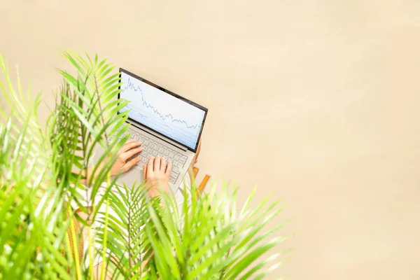 Samotna Kobieta Biznesu Freelancer Słomkowym Kapeluszu Siedzi Pod Palmami Gałęzi — Zdjęcie stockowe
