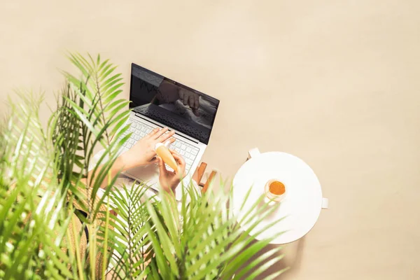 Kobieta Blogger Laptopem Stosowania Ochrony Przeciwsłonecznej Skóry Siedzi Pod Gałęziami — Zdjęcie stockowe