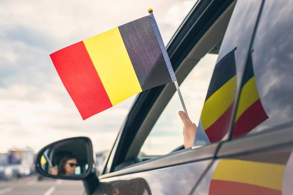 Woman Girl Holding Belgian Flag Open Car Window Concept — Stock Photo, Image