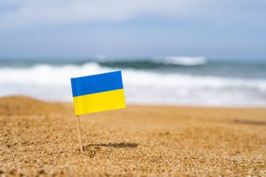 Deniz dalgasının karşısındaki kumsalda bir kürdan şeklinde Ukrayna bayrağı. Seyahat kavramı