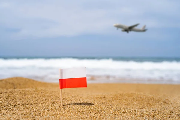Flaga Polski Postaci Wykałaczki Piasku Plaży Naprzeciwko Fali Morskiej Lądującym — Zdjęcie stockowe