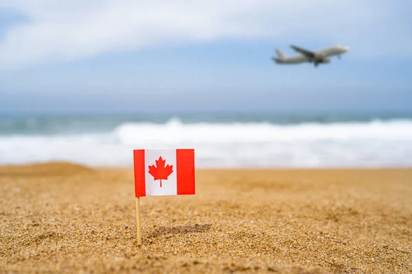 Flagge Von Kanada Form Eines Zahnstochers Sand Des Strandes Gegenüber — Stockfoto