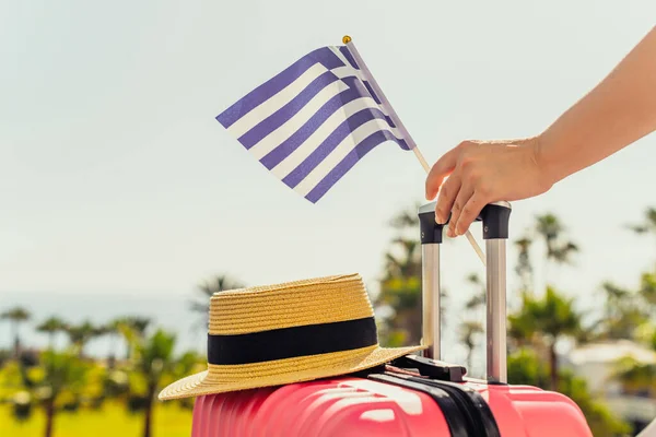 Frau Mit Rosafarbenem Koffer Hut Und Griechenland Flagge Steht Auf — Stockfoto