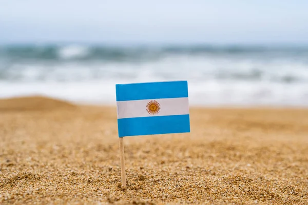 Flag Argentina Form Toothpick Sand Beach Sea Wave Travel Concept — Stock Photo, Image