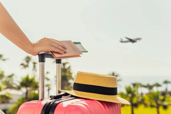 분홍색 여권을 탑승권을 야자나무와 반대편 바다에서 비행기 사다리 관광의 — 스톡 사진