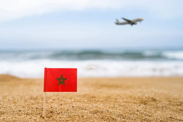 Flag Morocco Form Toothpick Sand Beach Sea Wave Landing Airplane — Stock Photo, Image