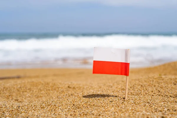 Polens Flagga Form Tandpetare Sanden Stranden Mittemot Havsvåg Resebegrepp — Stockfoto