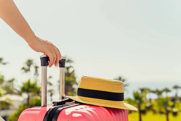 Femme Avec Une Valise Rose Chapeau Plage Debout Sur Échelle — Photo