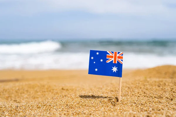 Flag Australia Form Toothpick Sand Beach Sea Wave Travel Concept — Stock Photo, Image