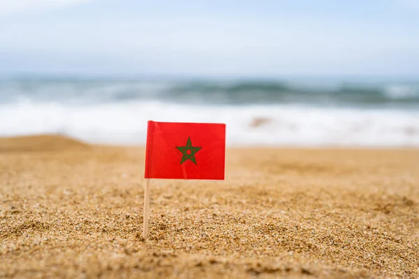 Flag Morocco Form Toothpick Sand Beach Sea Wave Travel Concept — Stock Photo, Image