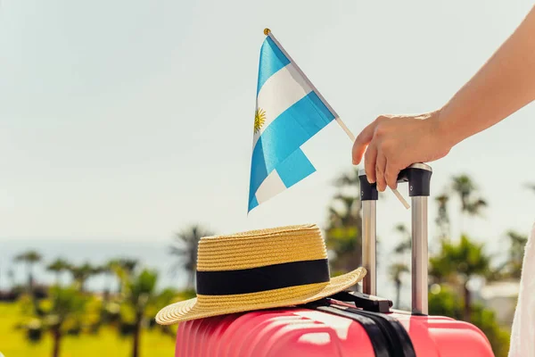 Woman with pink suitcase and Argentina flag standing on passengers ladder and getting out of airplane opposite sea coastline with palm trees.