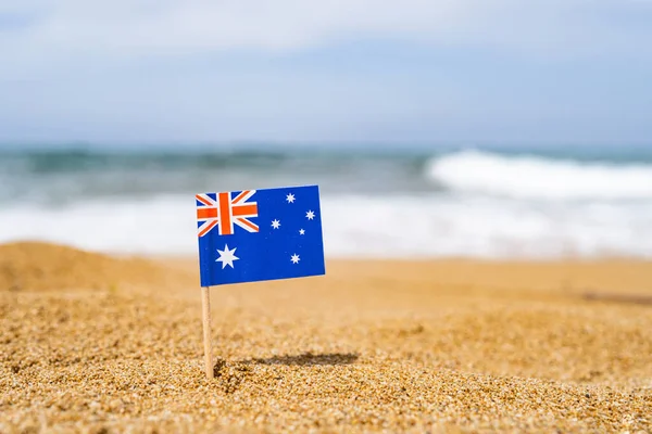 Flag Australia Form Toothpick Sand Beach Sea Wave Travel Concept — Stock Photo, Image