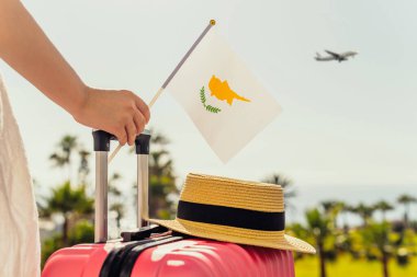Pembe bavulu, şapkası ve Kıbrıs bayrağı olan kadın yolcu merdiveninde duruyor ve palmiye ağaçlarıyla deniz kıyısının karşısındaki uçaktan iniyor.