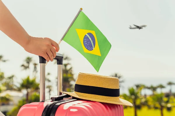 Woman Pink Suitcase Hat Brazil Flag Standing Passengers Ladder Getting — Stock Photo, Image