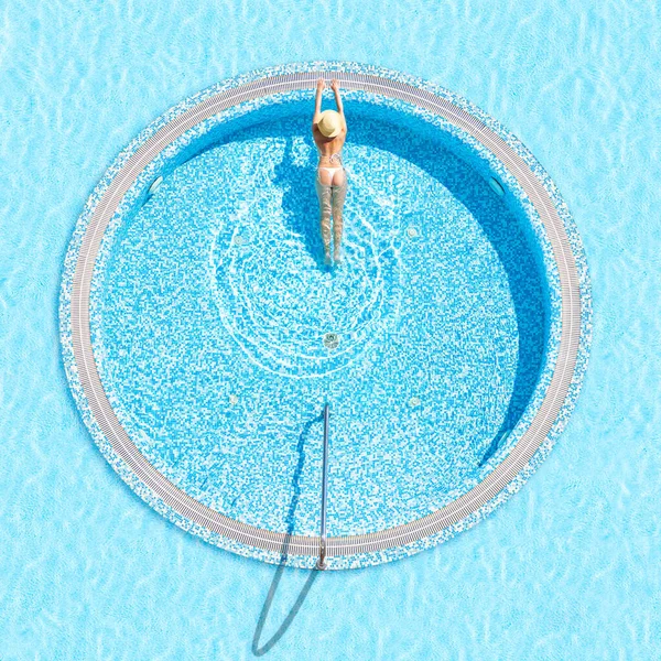穿着比基尼戴帽子的年轻漂亮的女运动员穿着夹克衫在游泳 从上方俯瞰空中无人机 热带夏季豪华酒店 — 图库照片