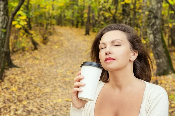 Beautiful Happy Young Woman Enjoying Closing Eyes Drinking Coffee Autumn — Stock Photo, Image